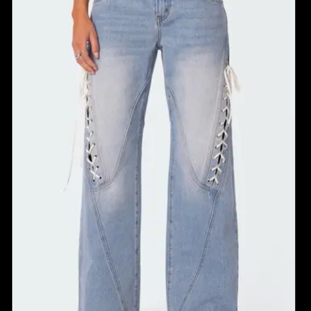 Edikted Sky Blue Lace-Up Flare Jeans